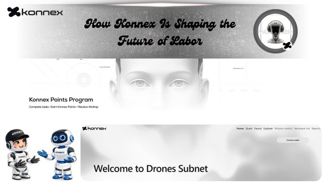 A website screenshot featuring 'konnex' branding, 'How Konnex Is Shaping the Future of Labor' heading, a 'Konnex Points Program' section, two robot mascots, and a 'Welcome to Drones Subnet' banner.