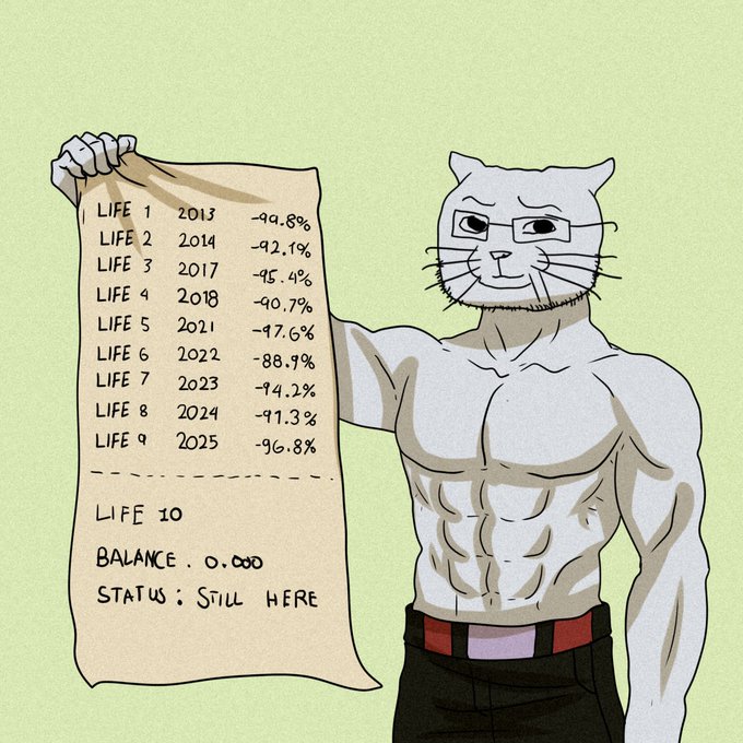 An illustration of a muscular cat wearing glasses holding a scroll titled 'LIFE 1' through 'LIFE 9', listing years from 2013 to 2025 with negative percentages, ending with 'LIFE 10 BALANCE. 0.000 STATUS: Still here'.