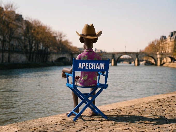 A 3D-rendered figure wearing a cowboy hat and floral shirt sits in a blue director's chair labeled 'APECHAIN' along a cobblestone riverbank with a stone bridge in the background.