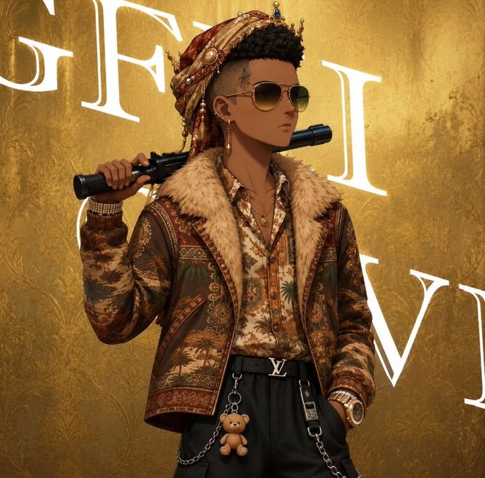 A stylish anime-style character with sunglasses, a fur-collared patterned jacket, and a jeweled headpiece holds a baton, set against a gold backdrop featuring large ornate letters. The opulent luxury aesthetic and confident pose visually reinforce the post's call to rally and continue pursuing financial success ("money motion") with the group.