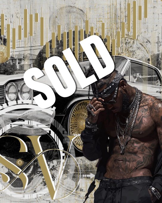 A stylized collage featuring a heavily tattooed man with sunglasses and chains, a classic car with gold rims, and the large word 'SOLD' overlaid.