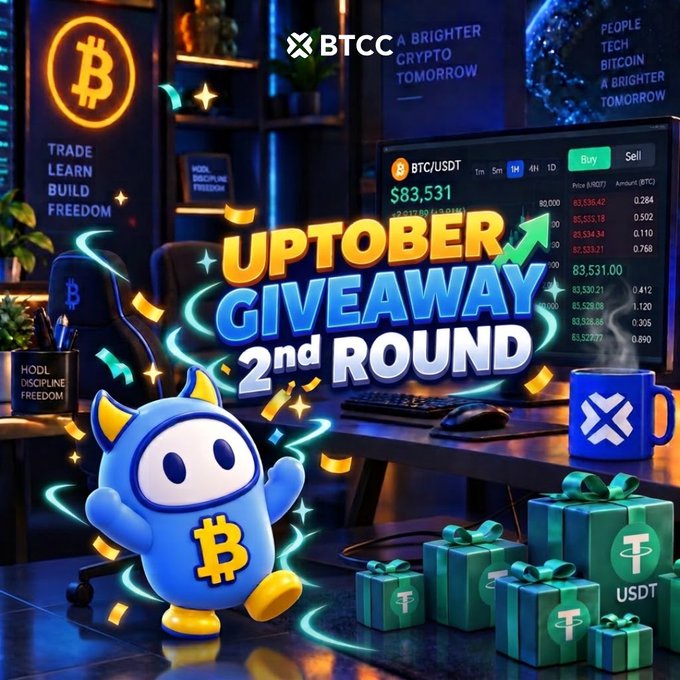 A promotional graphic for BTCC's 'Uptober Giveaway 2nd Round' featuring a cartoon Bitcoin mascot in a blue hoodie, with BTC/USDT trading data displayed and motivational text including 'Trade, Learn, Build Freedom' and 'A Brighter Crypto Tomorrow'.
