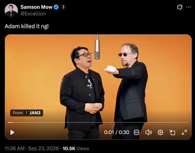 A tweet from Samson Mow (@Excellion) reads 'Adam killed it ngl,' featuring a video of two men, one speaking into a microphone, with 10.5K views.