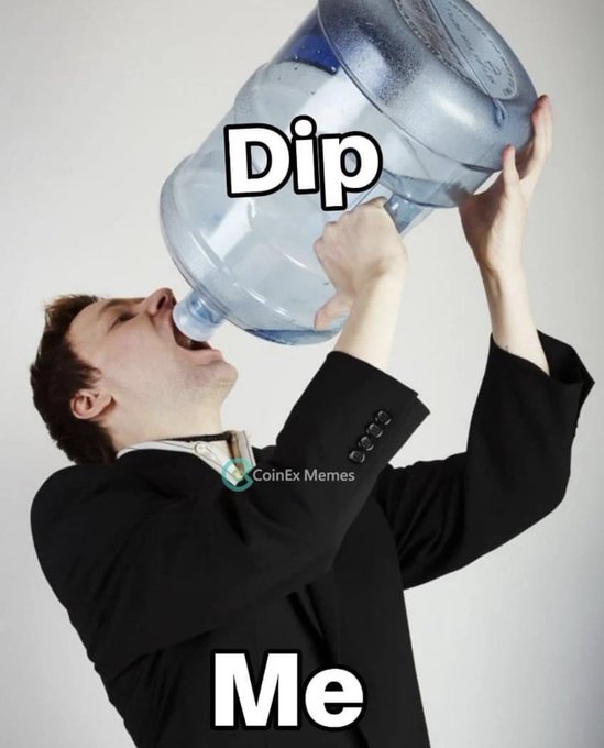 Meme image showing a man in a suit chugging from a large water jug labeled 'Dip', captioned 'Me' with a CoinEx Memes watermark.