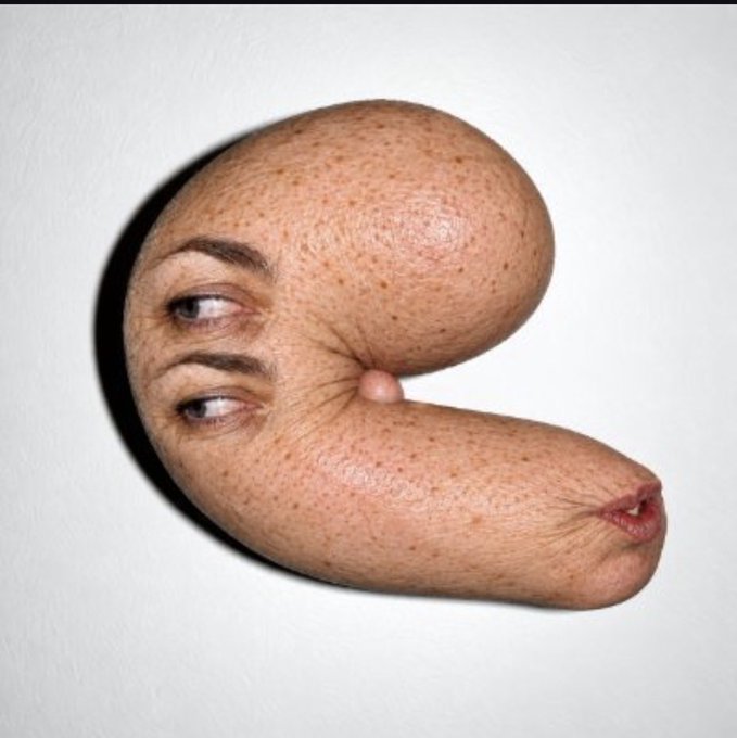 A surreal image shows a face morphing and folding into a bulbous, deflated shape with two eyes and a mouth squeezed into distorted positions. The accompanying "good morning beautiful people, ouptober is here" text adds a playful, body-positivity twist, humorously embracing unconventional and unconventional shapes during the month.