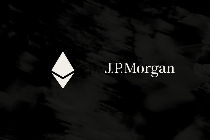 The image displays the J.P. Morgan logo alongside the Ethereum diamond symbol against a dark, textured background, visually representing the bank's announcement of JPMD launching on Ethereum mainnet.