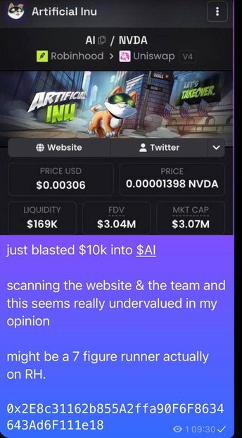 The image shows a crypto tracking screenshot for "Artificial Inu" ($AI/$NVDA), displaying metrics like a $0.00306 price, $3.04M FDV, and $3.07M market cap, with an accompanying Telegram post claiming a $10k investment. The post aligns with the user's brag about identifying $AI early at a $3M market cap, which the image visually supports by documenting the token's low valuation and the user's excitement about its "7 figure runner" potential on Robinhood.