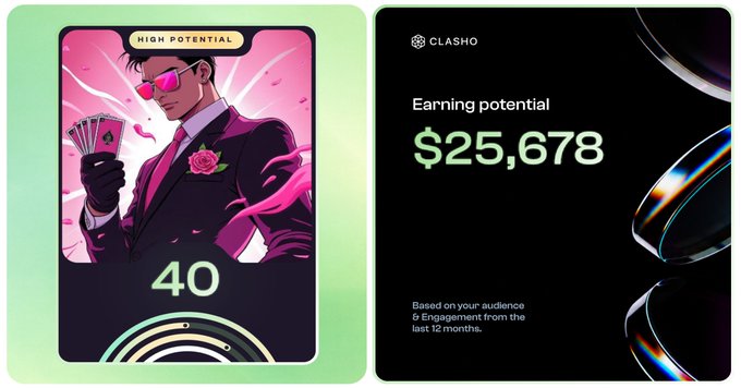 A CLASHO platform display featuring a 'HIGH POTENTIAL' card numbered 40 with an illustrated suited man holding cards, alongside an 'Earning potential' figure of $25,678 based on 12 months of audience engagement data.