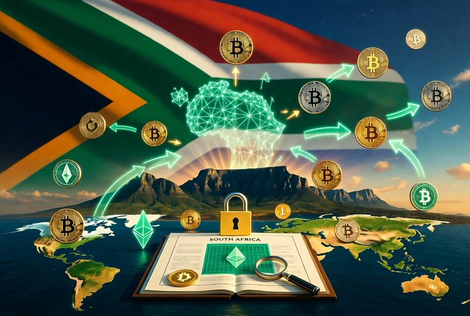 A conceptual graphic showing various cryptocurrency coins floating around a glowing brain network, with a world map, an open book labeled 'SOUTH AFRICA,' and a padlock.