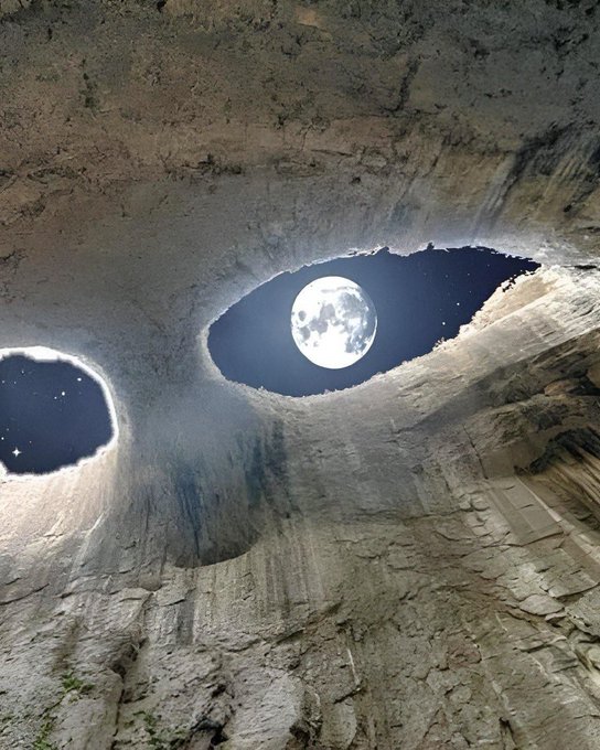 A surreal view looking up from inside a rocky cave or sinkhole, showing the full moon and a starry sky through an opening in the rock ceiling.