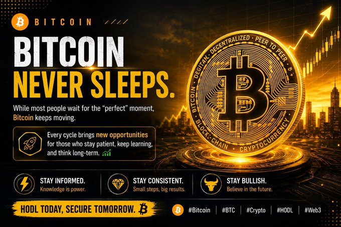 A motivational Bitcoin-themed graphic with the headline 'BITCOIN NEVER SLEEPS' and the message 'HODL TODAY, SECURE TOMORROW,' alongside a glowing Bitcoin coin and rising chart, featuring tips like 'STAY INFORMED,' 'STAY CONSISTENT,' and 'STAY BULLISH' with hashtags #Bitcoin, #BTC, #Crypto, #HODL, and #Web3.