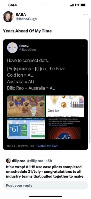 A screenshot of a Twitter/X post by BABA (@BabaCugs) titled 'Years Ahead Of My Time' connecting 'AU' (Australia, gold ion, Dilip Rao) followed by a reply from @diliprao celebrating completed case pilots.