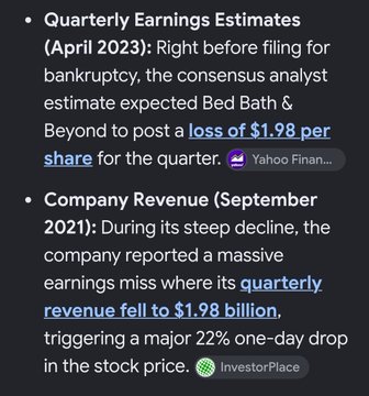 The image displays two financial data points about Bed Bath & Beyond (BBBYQ), noting a quarterly loss of $1.98 per share expected for April 2023 and a reported quarterly revenue of $1.98 billion in September 2021 that caused a 22% one-day stock drop. Both data points emphasize the striking coincidence of the "$1.98" figure appearing in both the company's final earnings estimate before bankruptcy and its revenue during a prior decline, reinforcing the post's note about BBBYQ trading near previous price levels before its bankruptcy filing.