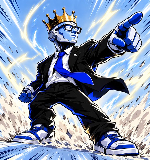 Anime-style illustration of a robot wearing a gold crown, sunglasses, a black suit with a blue tie, and blue sneakers, pointing forward dramatically.