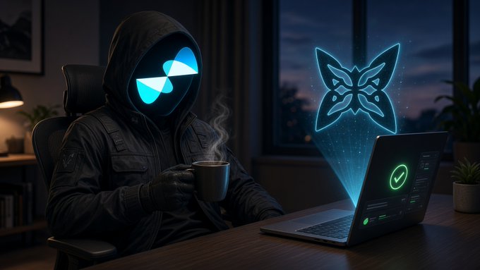 A hooded figure with a glowing blue geometric mask sits at a desk holding a steaming mug, while a holographic butterfly symbol projects from their laptop in a futuristic nighttime setting.