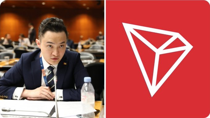 Justin Sun, founder of the TRON blockchain, sits at a conference table on the left, while the right side displays the red TRON (TRX) logo, visually tying the news of Tron Inc.'s significant TRX treasury acquisition to the project's leadership and brand.