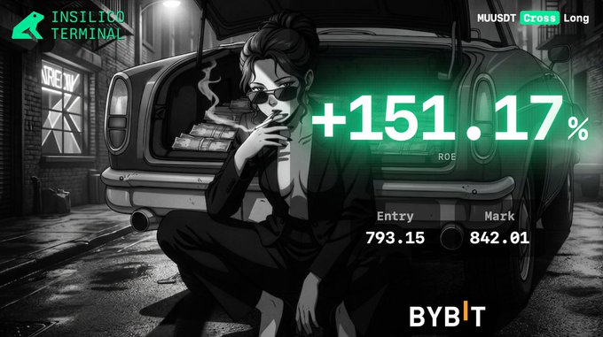 A monochromatic anime-style graphic for 'BYBIT' showing a woman in sunglasses smoking next to an SUV, displaying a green 'INSTILIQO TERMINAL' overlay with a +151.17% gain on a 'MUUSDT Cross Long' position.