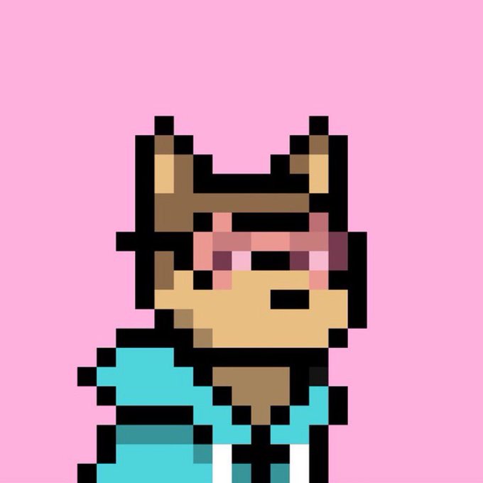 A pixel art character resembling a fox or dog wearing a brown hat and teal shirt against a solid pink background.