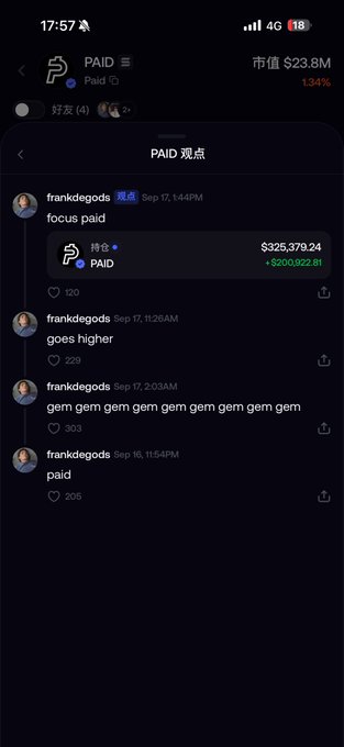 A mobile screenshot of a social feed for the token PAID showing a market cap of $23.8M and posts from user frankdegods.