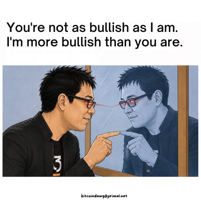 An illustration shows a man pointing at his mirror reflection, with red laser beams from his glasses hitting the mirror image, captioned 'You're not as bullish as I am. I'm more bullish than you are.' with 'bitcoindawg@primal.net' at the bottom.