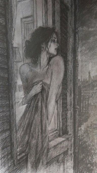 A black-and-white charcoal or pencil sketch depicting a woman wrapped in a sheet, standing at an open window overlooking a city.