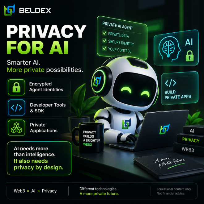 A promotional graphic for 'BELDEX' titled 'PRIVACY FOR AI,' featuring a robot character working on a laptop surrounded by icons for 'Encrypted Agent Identities,' 'Developer Tools & SDK,' 'Private Applications,' and 'BUILD PRIVATE APPS.', with the tagline 'A more private future.'