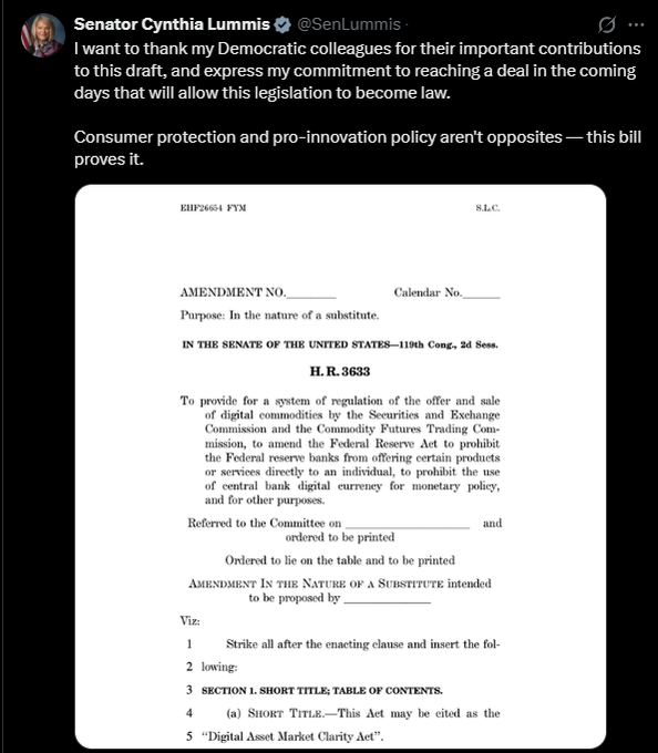 A tweet from Senator Cynthia Lummis (@SenLummis) thanking Democratic colleagues for contributions to draft legislation, alongside an image of an amendment to H.R. 3633, the "Digital Asset Market Clarity Act."