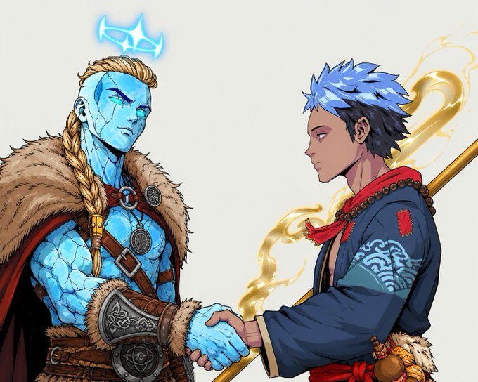 A blue-skinned, ice-themed warrior with a glowing crown and braided hair shakes hands with a blue-haired martial artist in a red scarf, with the post celebrating a collaboration between Sifu and Shaolin Saga that unites two distinct Web3 gaming communities. The handshake visually represents the cross-community partnership highlighted in the message, symbolizing unity rather than competition.