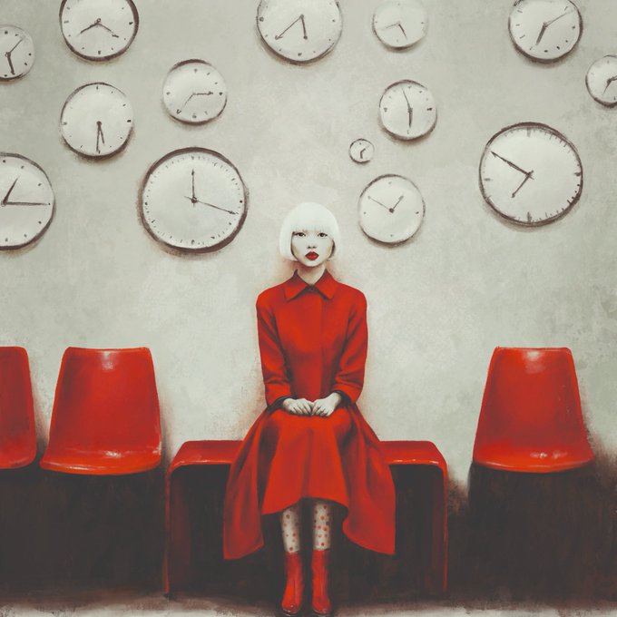 A stylized painting of a pale woman in a red dress sitting on a red bench against a wall covered with various clocks.