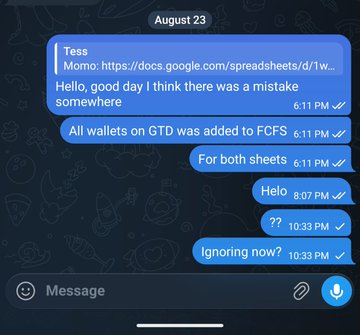A Telegram chat conversation dated 'August 23' with a user named 'Tess' discussing Google Sheets and FCFS, with messages timestamped between 6:11 PM and 10:33 PM.
