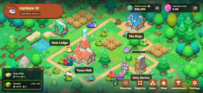 The image displays the Axie Infinity game interface, showing a colorful isometric farm called "Atia Shrine" with locations like "Town Hall," "Axie Lodge," and "The Dojo," along with features like "Fro Plot," "Forest," and a global lunacian count of 850,000, alongside the user's profile "HØRØK!R! #oxb0487b...dece #" and buttons for Blessings, Registry, Asles, Shop, Leaderboard, and Settings.

The image perfectly complements the post, as it showcases the Terrarium gameplay environment where the user can now level up and care for their newly acquired Land Axie, highlighting the game elements that convinced them to make the purchase.