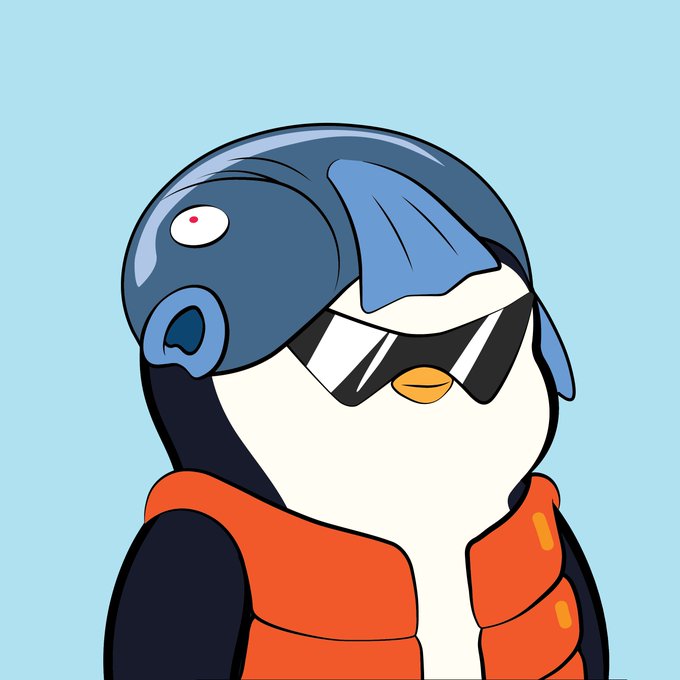 A cartoon illustration of a penguin wearing a blue pilot's helmet and dark sunglasses, dressed in an orange life vest against a light blue background.