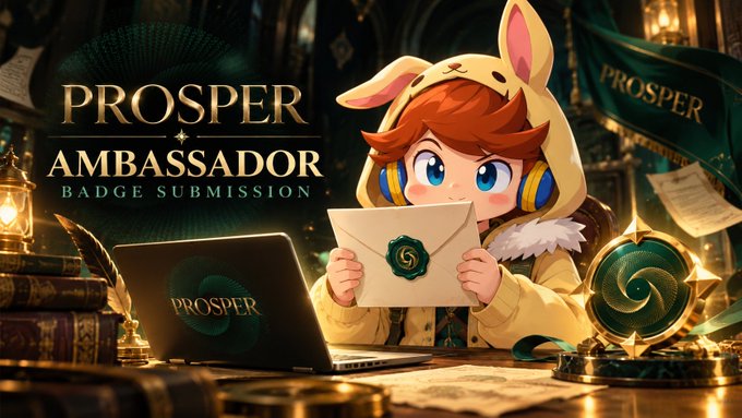 Promotional graphic for 'PROSPER AMBASSADOR BADGE SUBMISSION' featuring an anime-style chibi character with bunny ears holding an envelope next to a laptop and a green trophy.