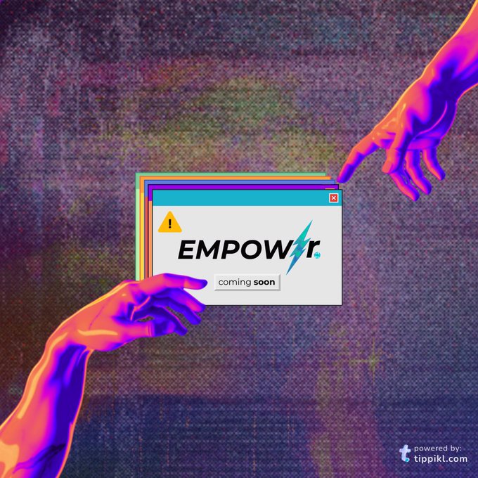 A stylized digital artwork featuring two colorful hands reaching toward a stack of vintage error-window graphics displaying "EMPOWER coming soon," powered by tippikl.com.