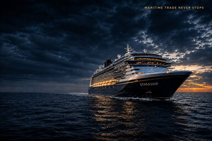 A large cruise ship sails on dark, choppy seas under a dramatic cloudy sky at dusk. The text 'ETRASHIP' is on the hull, and 'MARITIME TRADE NEVER STOPS' appears in the upper right.