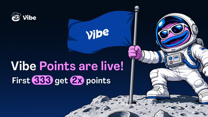 The image features a cartoon character, possibly an astronaut or a robot, standing on top of a mountain holding a flag with the word "VIBE" written on it. The background of the image is dark blue, which contrasts with the bright colors of the flag and the character's outfit. The post also mentions that VIBE points are now available for trading in exchange for bag holding. This suggests that users can earn points by participating in a specific activity or making a purchase using the points they have earned from the image.