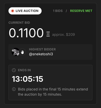 Live auction interface showing a current bid of 0.1100 (approx. $209), 1 bid, highest bidder '@sneketoshi3', and 13:05:15 remaining on the clock.