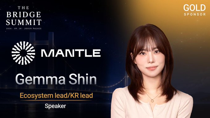 A speaker announcement banner for 'THE BRIDGE SUMMIT 2024.09.26 JOJUN PALACE' featuring Gemma Shin, Ecosystem lead/KR lead at Mantle, marked as Gold Sponsor.