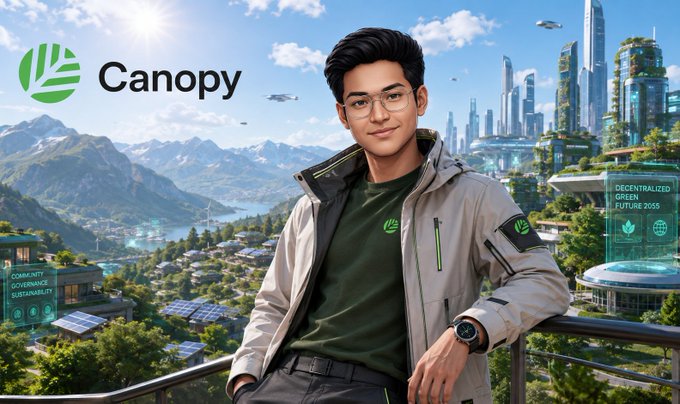 A promotional image featuring a man in glasses wearing a "Canopy" branded jacket, set against a futuristic green cityscape with the logo "Canopy" and tagline "Decentralized Green Future 2025."