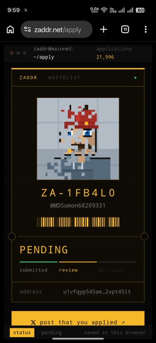 A mobile screenshot of zaddr.net/apply showing a pixel art profile picture, username 'MDSumon68209331', reference code 'ZA-1FB4L0', and a 'PENDING' status for an application.