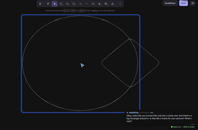 A digital drawing interface displays a black screen with an imperfect hand-drawn circle and rectangle, while a voice assistant remarks: 'Okay, looks like you turned that oval into a circle now.'