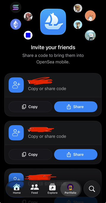 An OpenSea mobile app invite screen showing options to 'Copy or share code' with profile pictures of users around a sailboat icon.