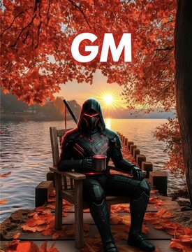 A Darth Vader-style figure sits on a wooden chair by a serene lake surrounded by vibrant autumn foliage, holding a steaming cup with the bold text "GM" displayed above against a glowing sunrise. The peaceful fall scene and warm beverage visually echo the post's cheerful "Gm Happy Thirsty Thursday" greeting.
