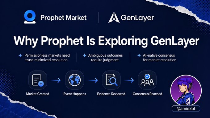 An informational graphic titled "Why Prophet Is Exploring GenLayer" shows logos for Prophet Market and GenLayer. It explains their approach with bullet points on permissionless markets, ambiguous outcomes, and AI-native consensus, featuring a flow diagram from "Market Created" to "Consensus Reached," with an avatar labeled "@amiexbt" in the corner.
