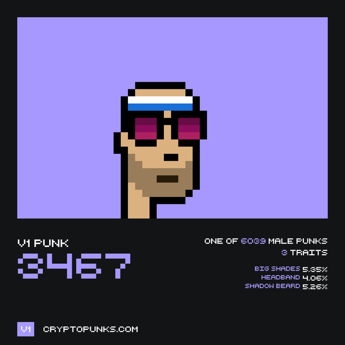 A pixel art CryptoPunk labeled 'V1 PUNK 3467' displays a male character with a headband and shadow beard, noting it has 3 traits: Big Shades, Headband, and Shadow Beard.