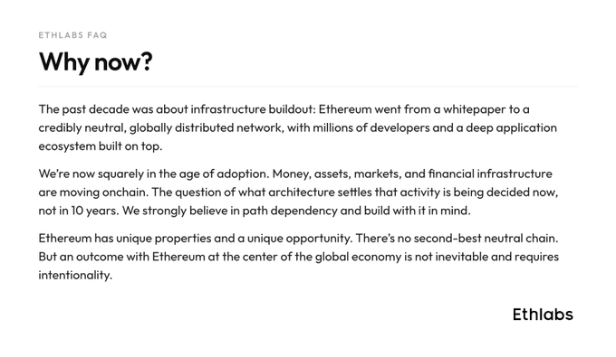 An FAQ page from Ethlabs titled "Why now?" explaining that Ethereum's infrastructure is built and the focus has shifted to adoption, emphasizing path dependency and the need for intentionality to keep Ethereum at the center of the global economy. The post's quote about path dependency directly reflects the message in the third paragraph of the image.