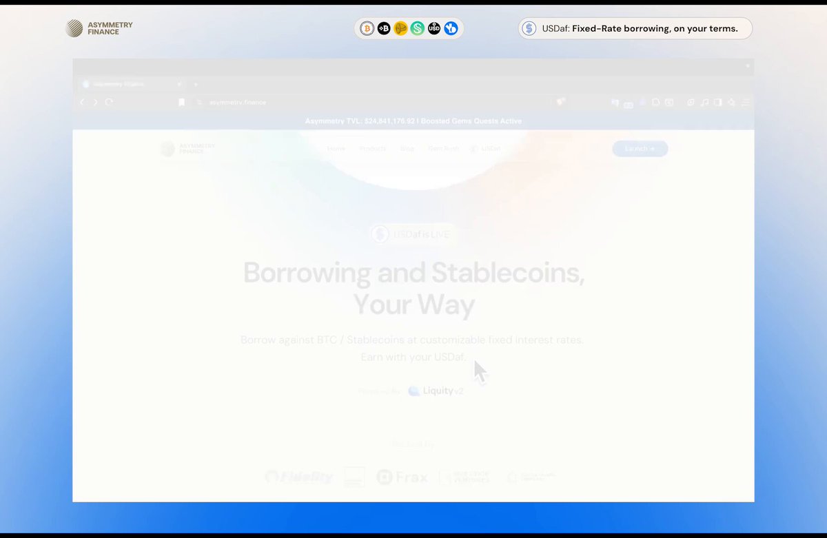 The image shows a computer screen displaying a website called "borrowing and stablecoins, Your Way". The background of the image has a blue and white gradient color scheme. On the right side of the image, there are three buttons with different icons representing social media platforms like Facebook, Twitter, and Instagram.