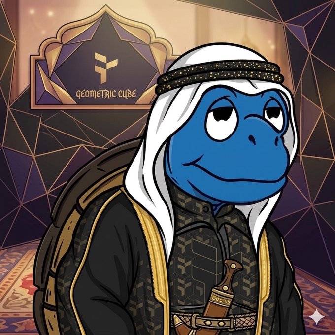 The image features a cartoon turtle character dressed in traditional Middle Eastern clothing, including a white headscarf and a gold robe with a black and gold pattern. The turtle has a sword in its right hand and a backpack on its back. The background of the image is dark blue, which contrasts with the light blue color of the turtle's face. In the bottom left corner of the image, there is text that reads "Eid Mubarak to everyone that celebrate May your blessings multiply ... Celebrate by spending crypto effortlessly with @useTria Card global Visa, self-custodial, real cashback."
