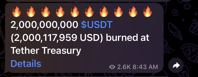 A Telegram message announces that 2 billion USDT ($2,000,117,959 USD) was burned at the Tether Treasury, aligning with the post's note about $2 billion in new dollars being burned from Ethereum liquidity. The fire emojis emphasize the burning action of the stablecoin.