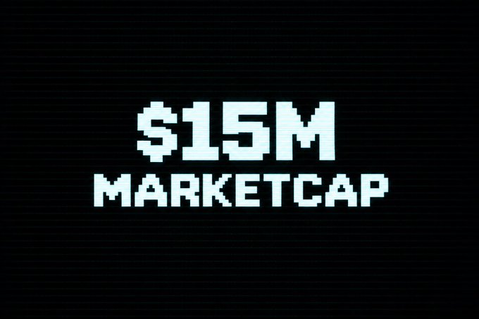 Pixelated retro-style text on a black background reads "$15M MARKETCAP," visualizing the 15 million dollar market cap milestone referenced in the post about the $KNOTS token.